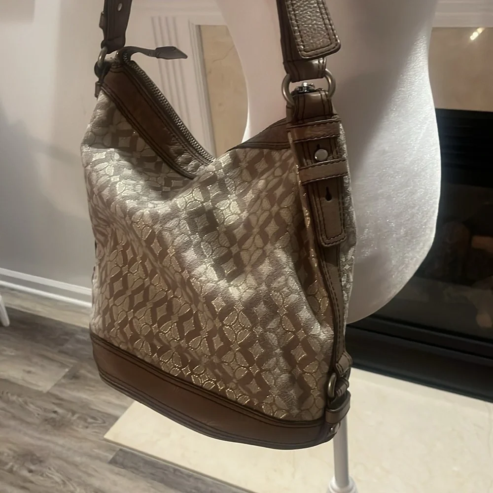 Fossil Maddox Beige metallic Leather Canvas over the shoulder hobo purse